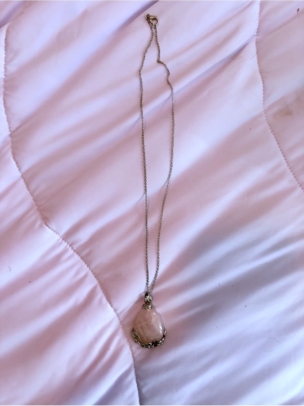 Rose Quartz Teardrop Pendant Necklace - Pink Floral Silver-tone Setting